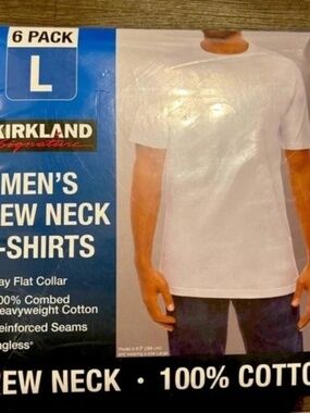 Kirkland Signature Mens 6 Pack Crew Neck T-Shirts White 100% Cotton Large